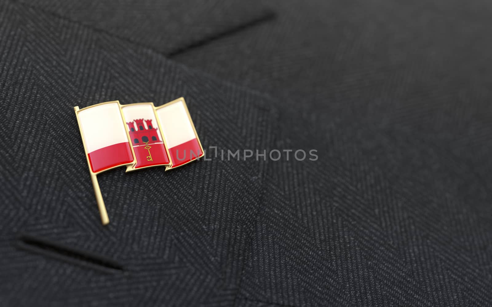 Gibraltar flag lapel pin on the collar of a business suit jacket shows patriotism