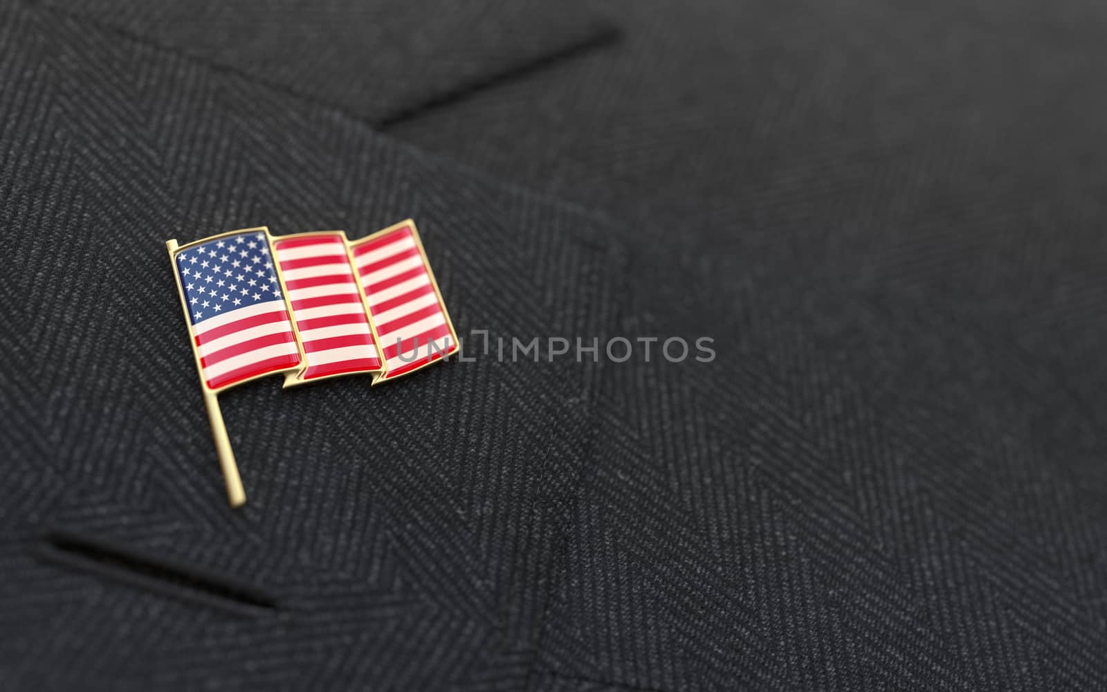 USA flag lapel pin on the collar of a business suit jacket shows patriotism