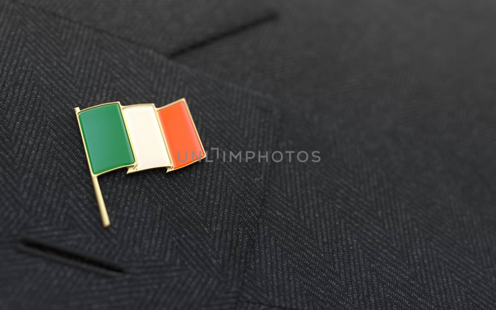 Ireland flag lapel pin on the collar of a business suit jacket shows patriotism