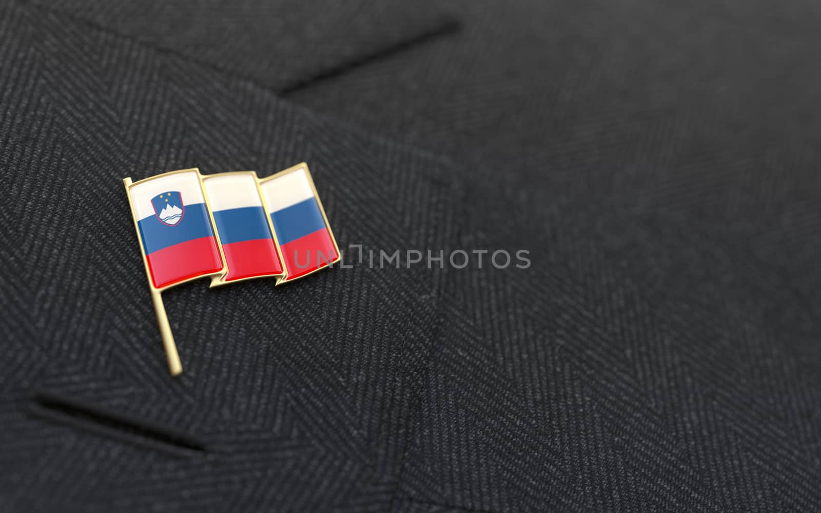 Slovenia flag lapel pin on the collar of a business suit jacket shows patriotism