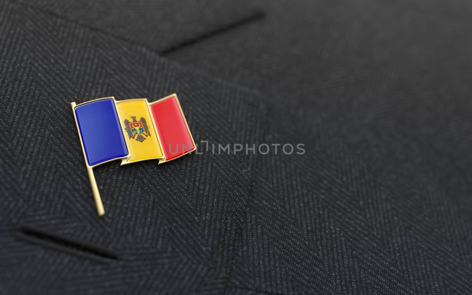Moldova flag lapel pin on the collar of a business suit jacket shows patriotism