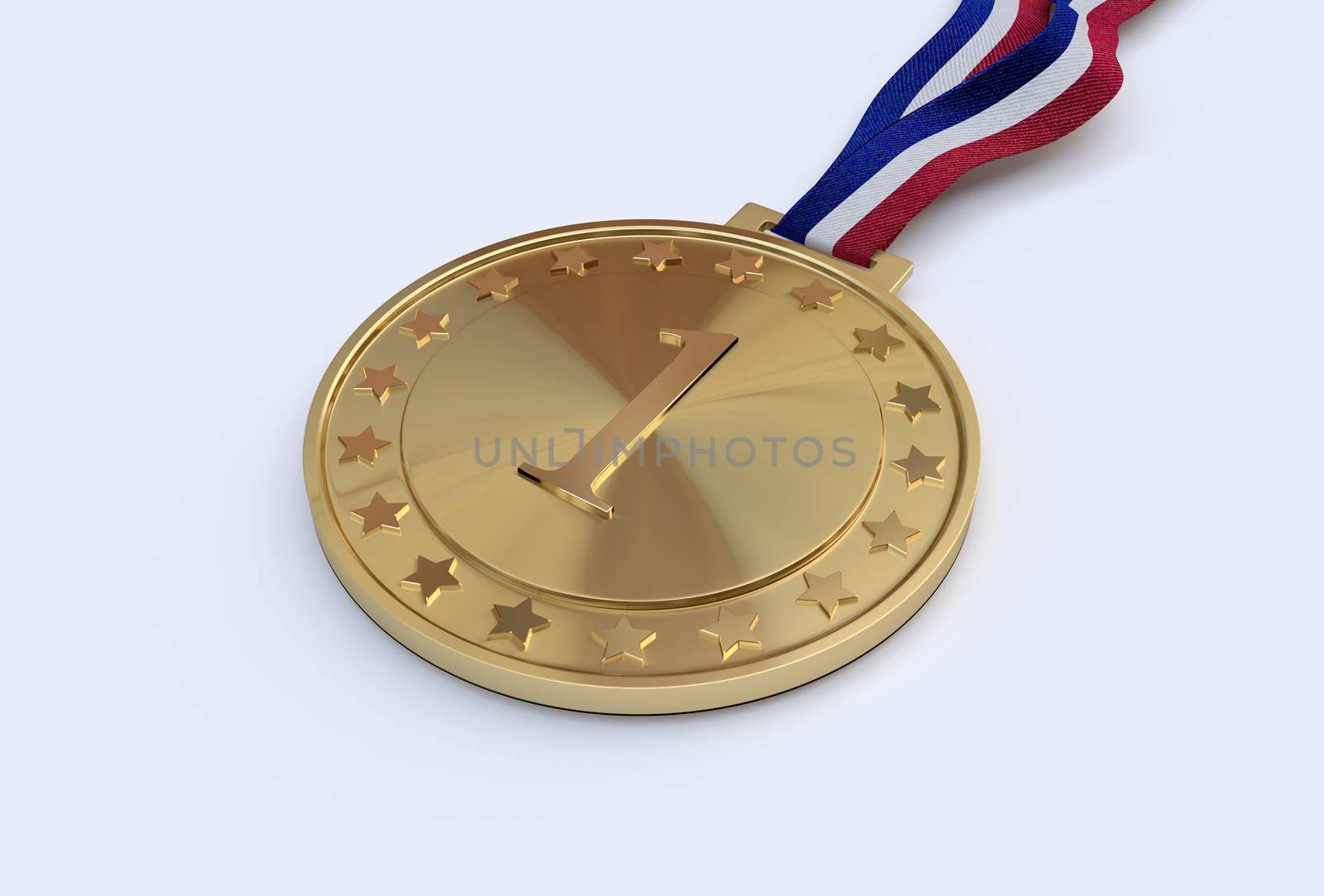 Gold medal with number on a multi-colored ribbon