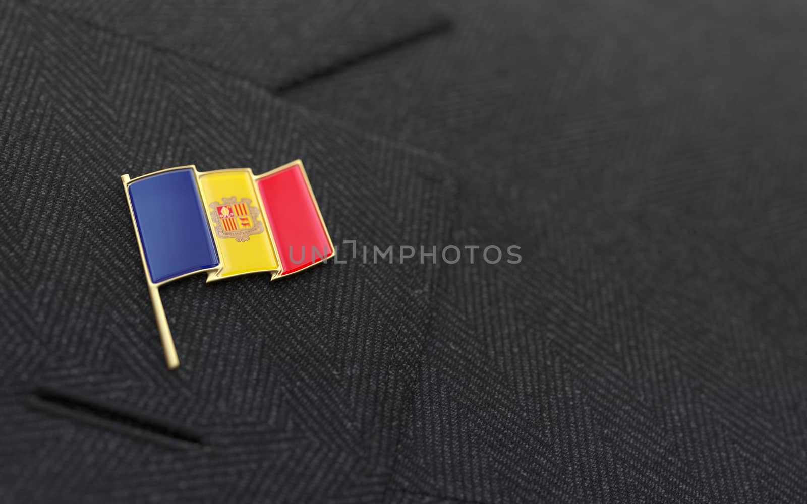 Andorra flag lapel pin on the collar of a business suit jacket shows patriotism