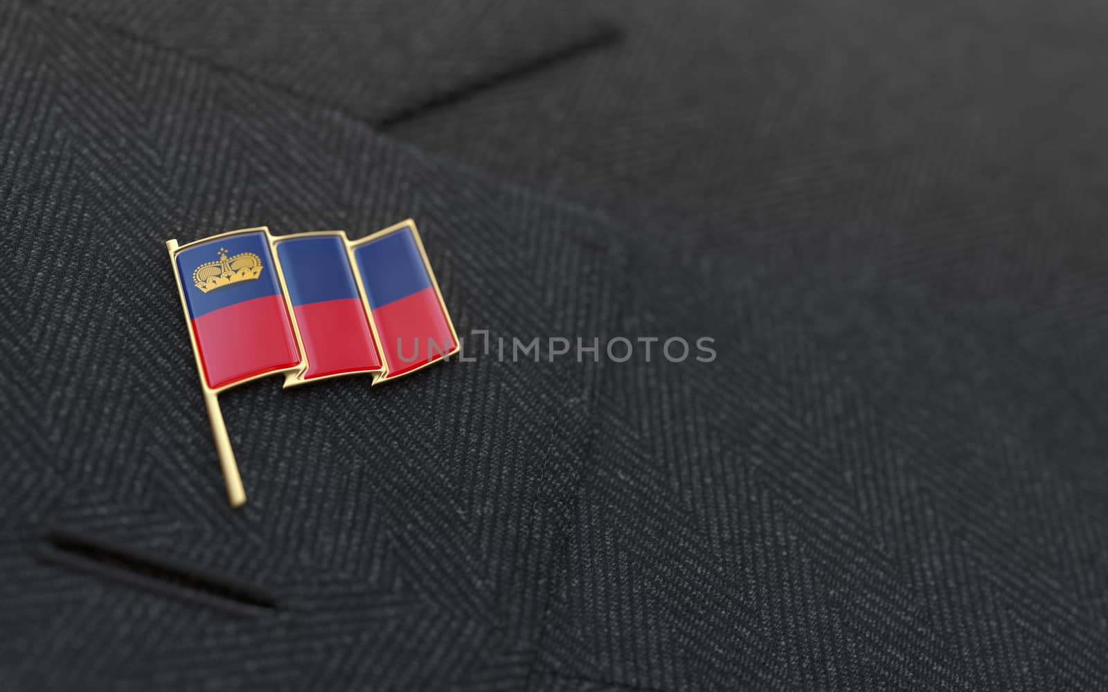 Liechtenstein flag lapel pin on the collar of a business suit jacket shows patriotism