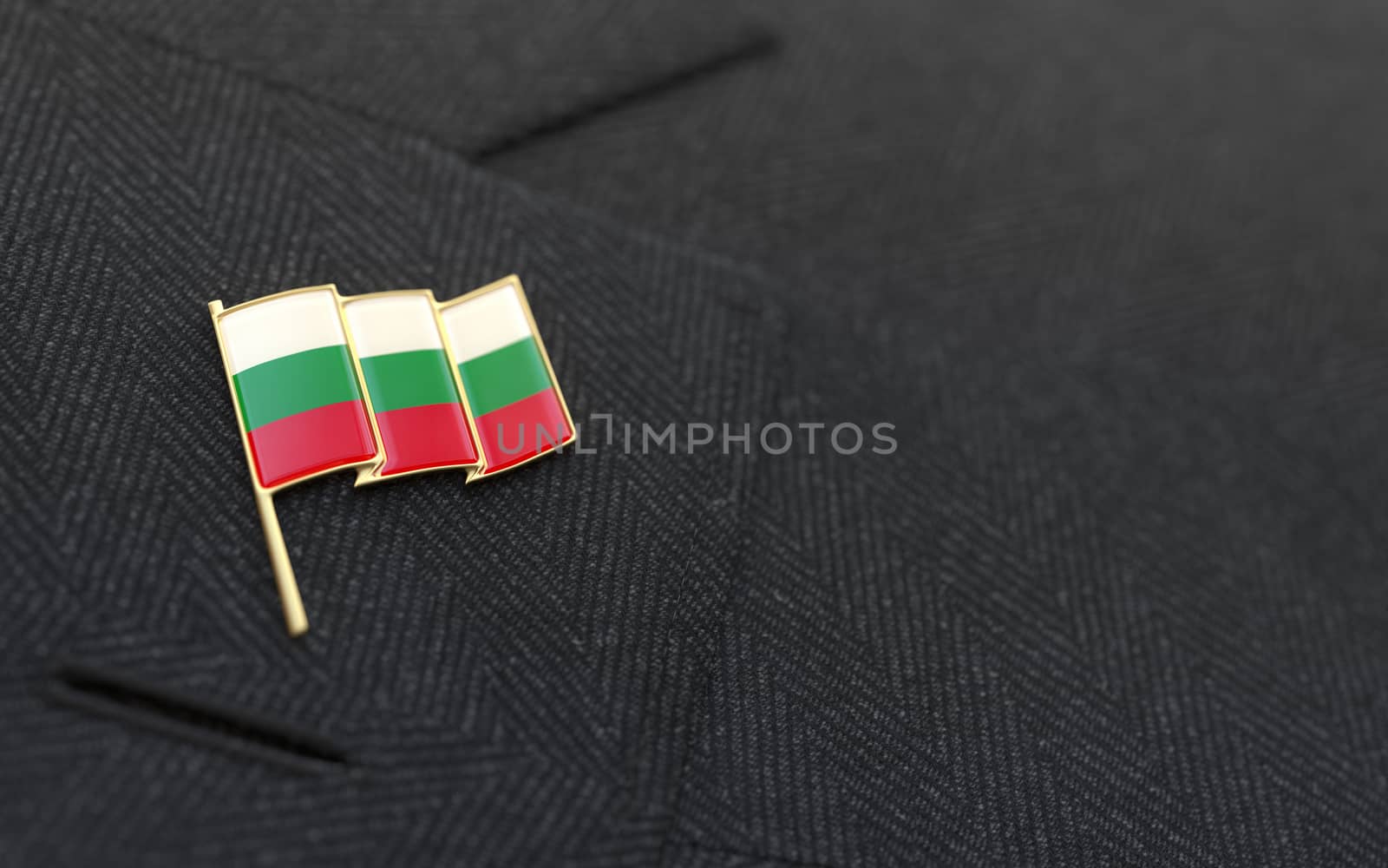 Bulgaria flag lapel pin on the collar of a business suit jacket shows patriotism