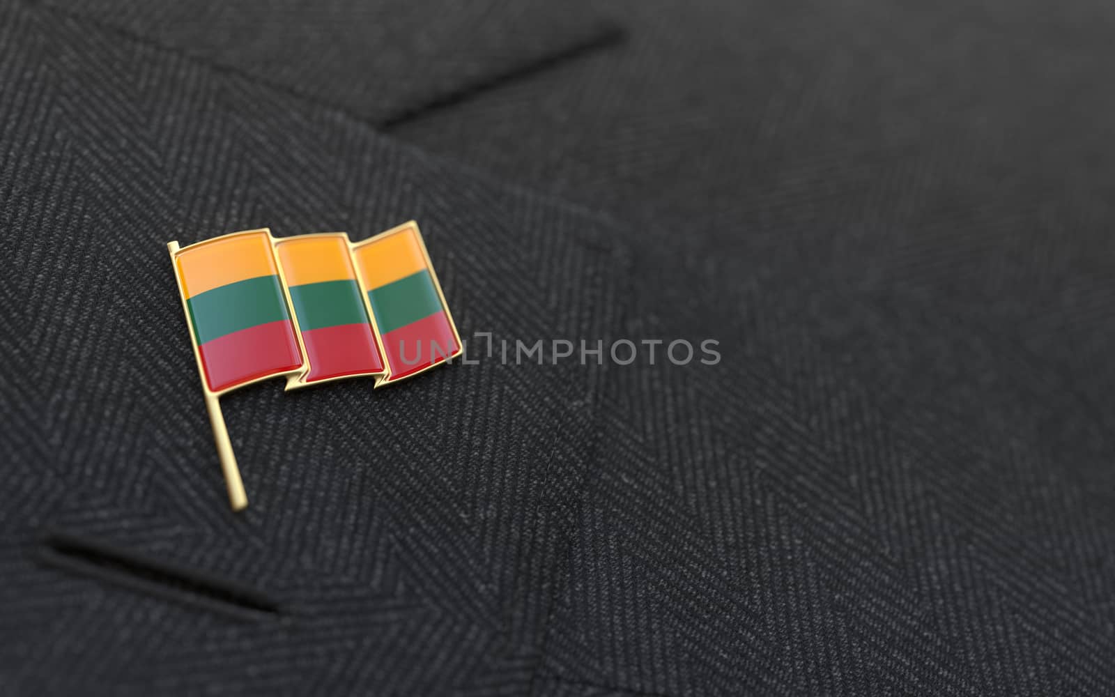 Lithuania flag lapel pin on the collar of a business suit jacket shows patriotism