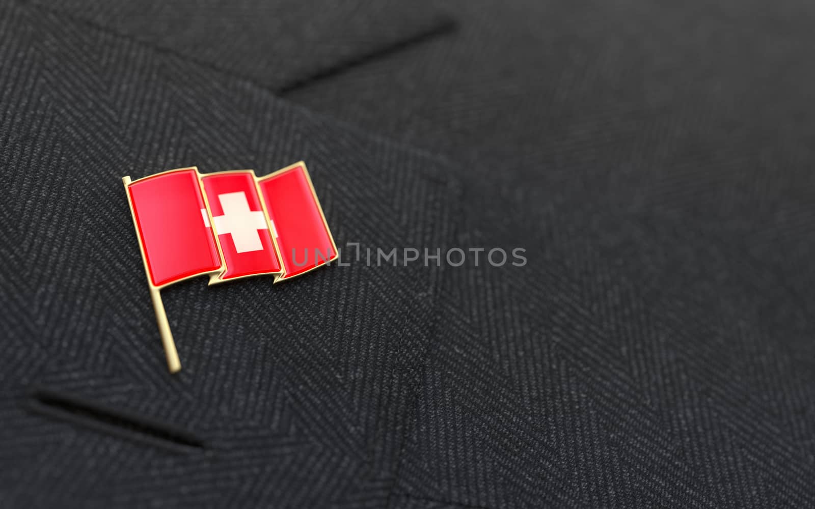 Switzerland flag lapel pin on the collar of a business suit jacket shows patriotism