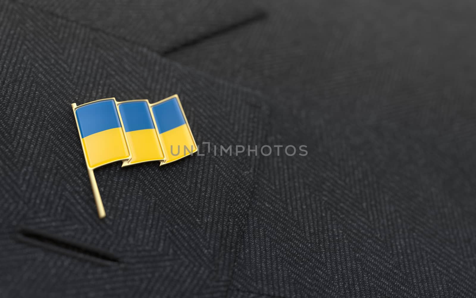 Ukraine flag lapel pin on the collar of a business suit jacket shows patriotism