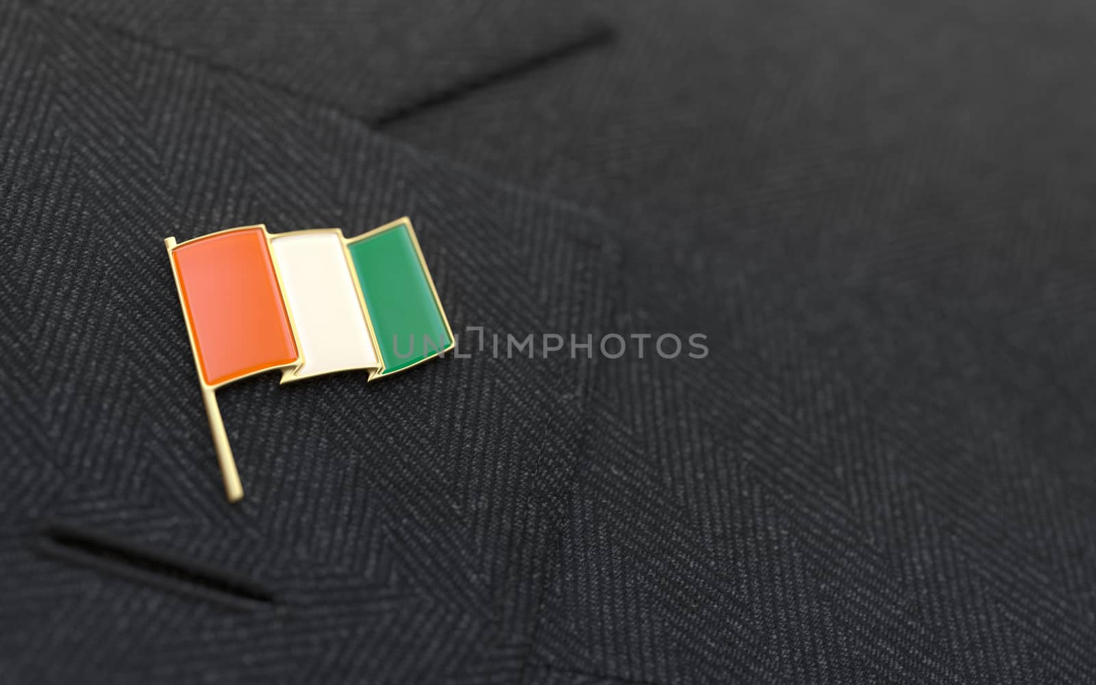 Ivory Coast flag lapel pin on the collar of a business suit jacket shows patriotism