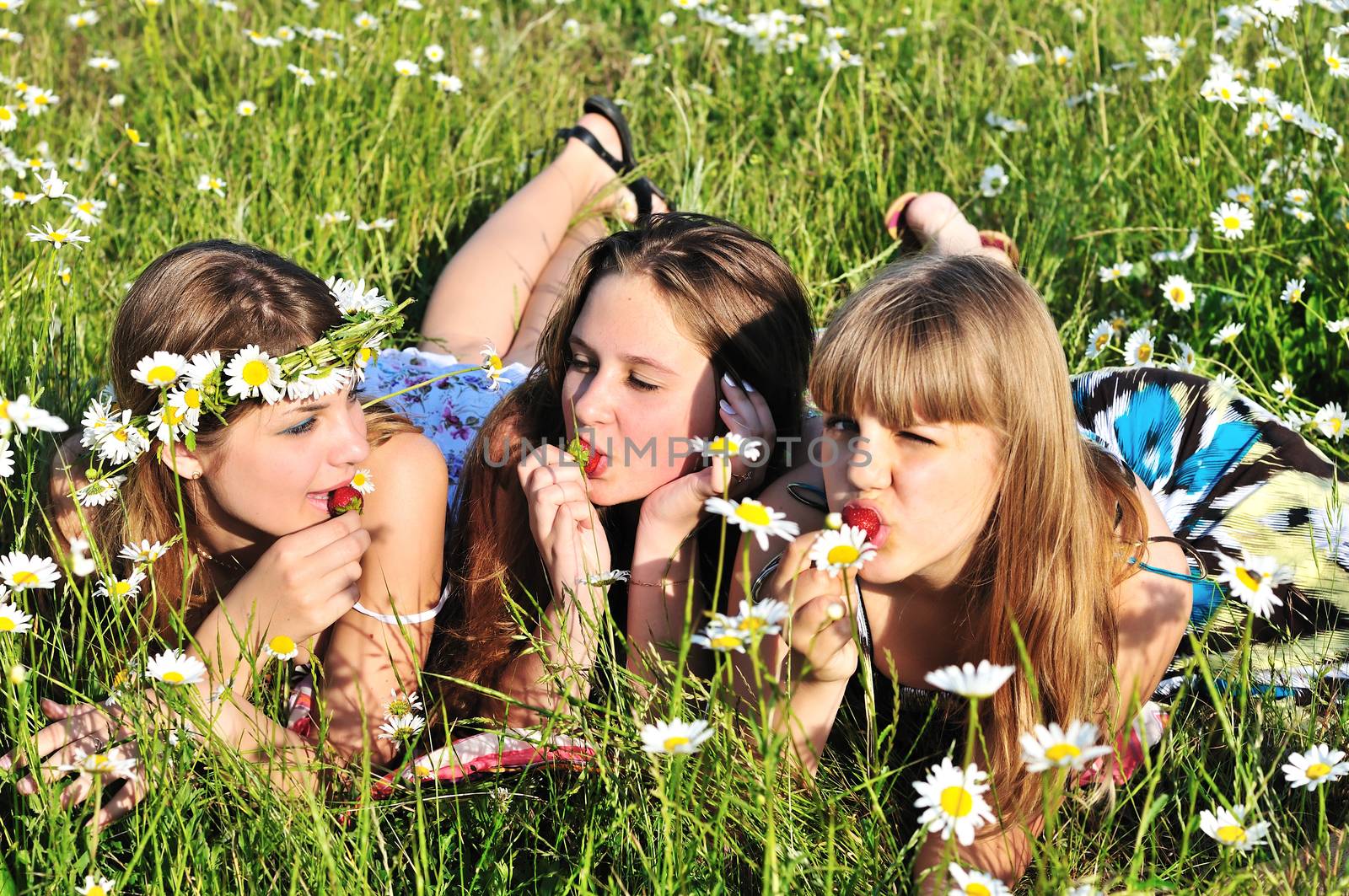 three teen girls enjoying of srtawberry on the daisy field