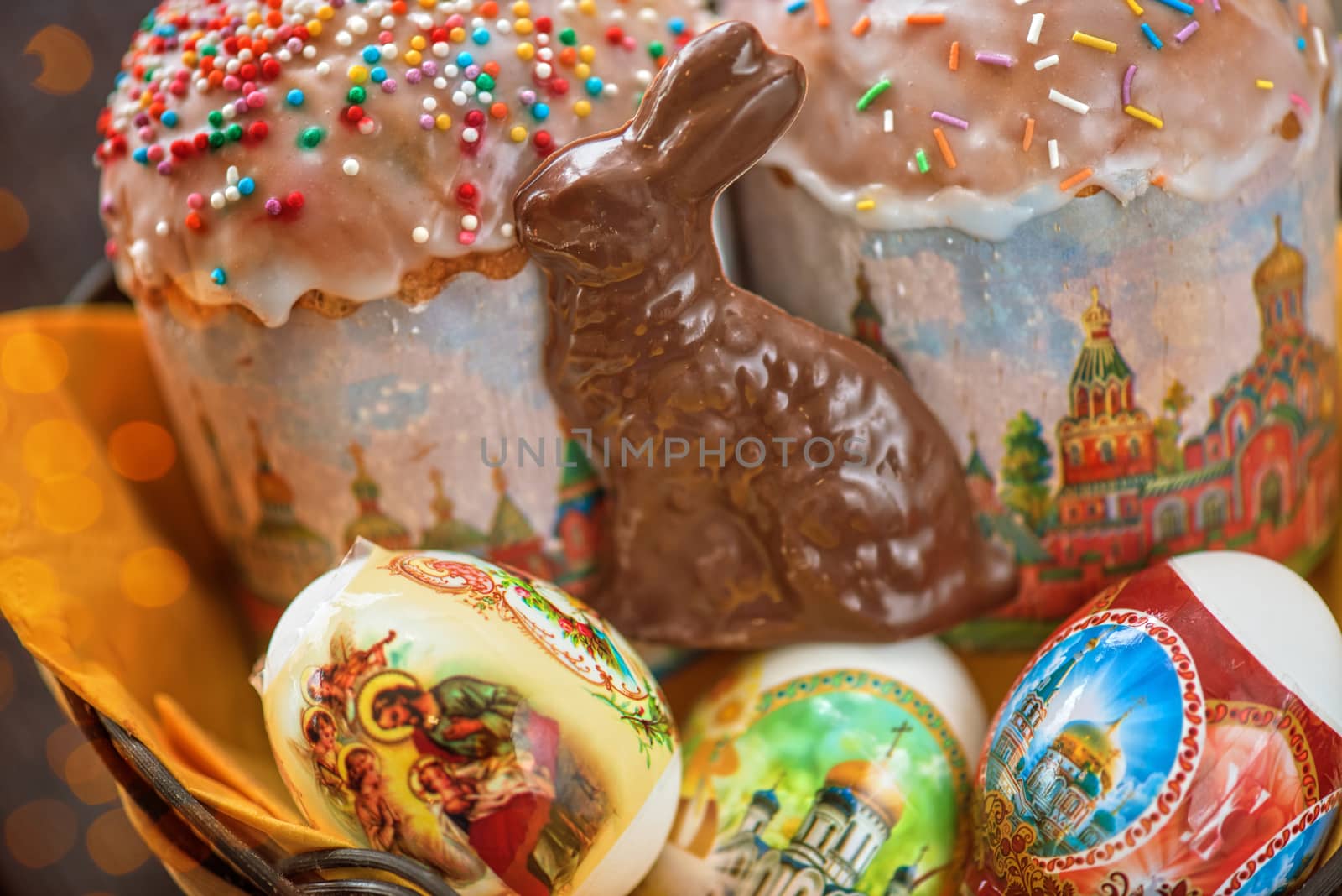 Easter eggs cake and bunny shape chocolate