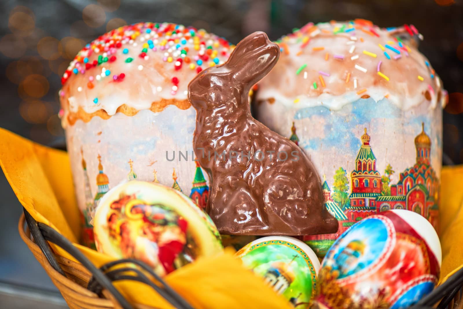 Easter eggs cake and bunny shape chocolate