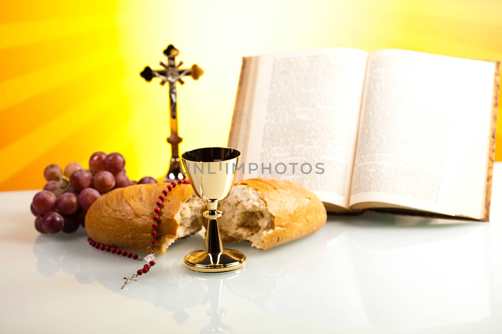 Christian holy communion, bright background, saturated concept
