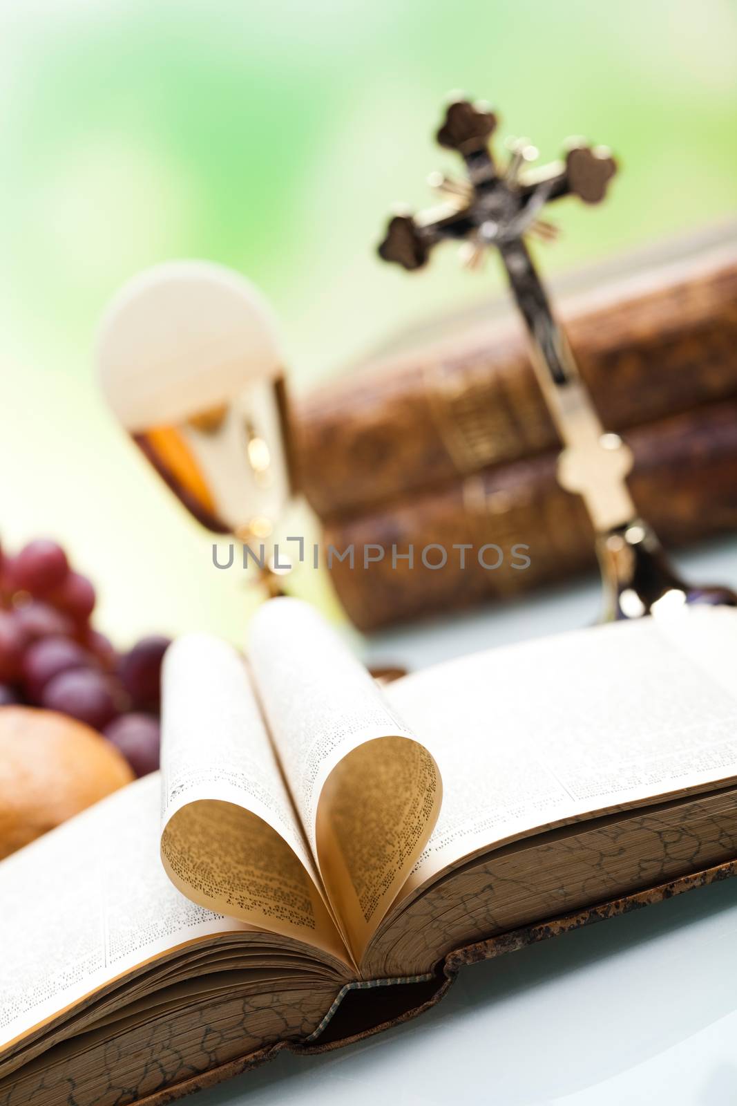 Christian holy communion, bright background, saturated concept