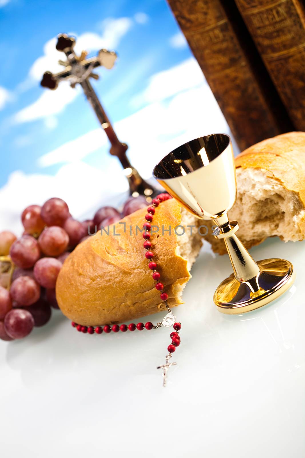 Christian holy communion, bright background, saturated concept