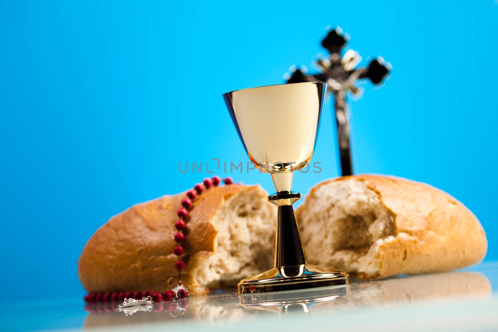 Christian holy communion, bright background, saturated concept
