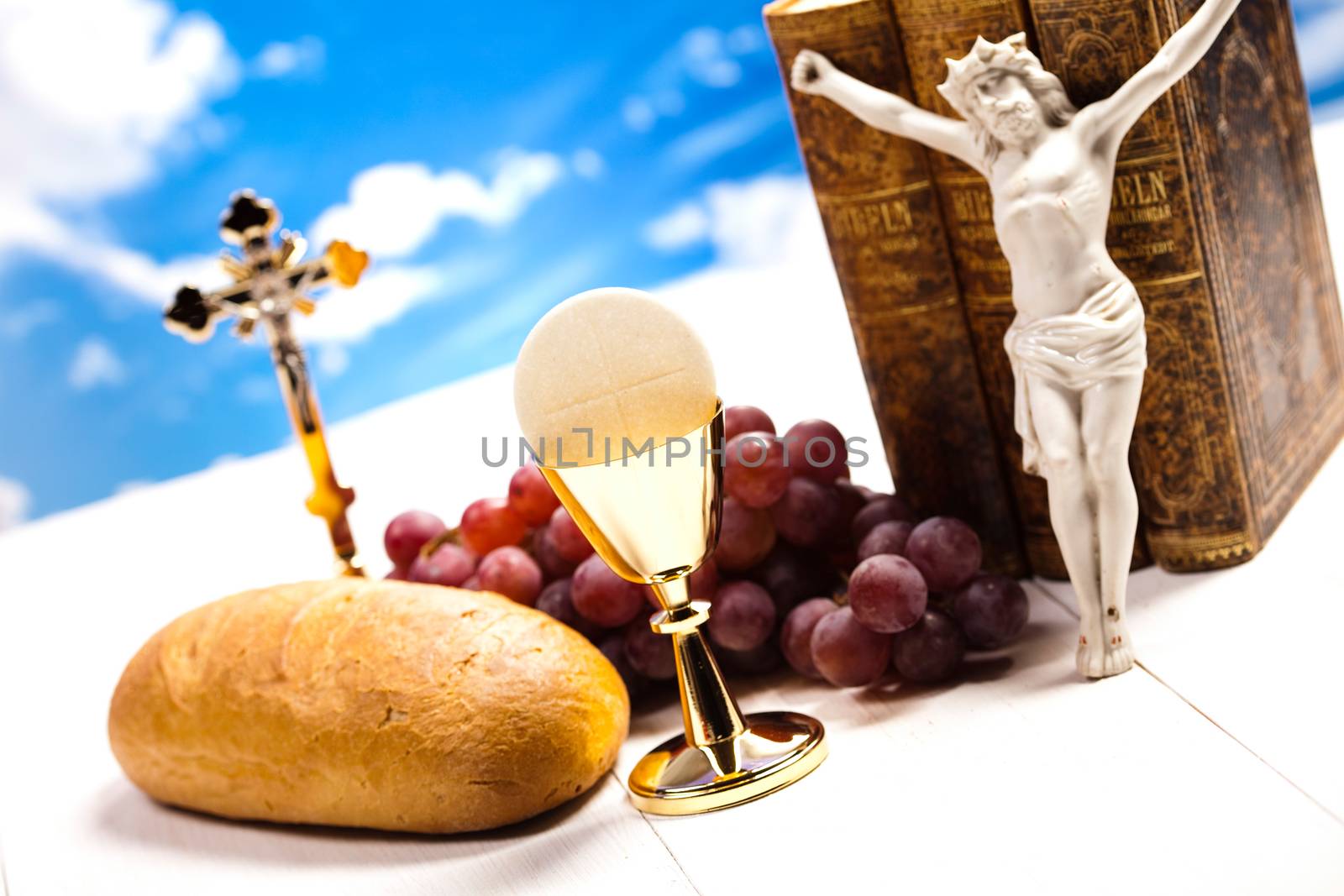 Christian holy communion, bright background, saturated concept