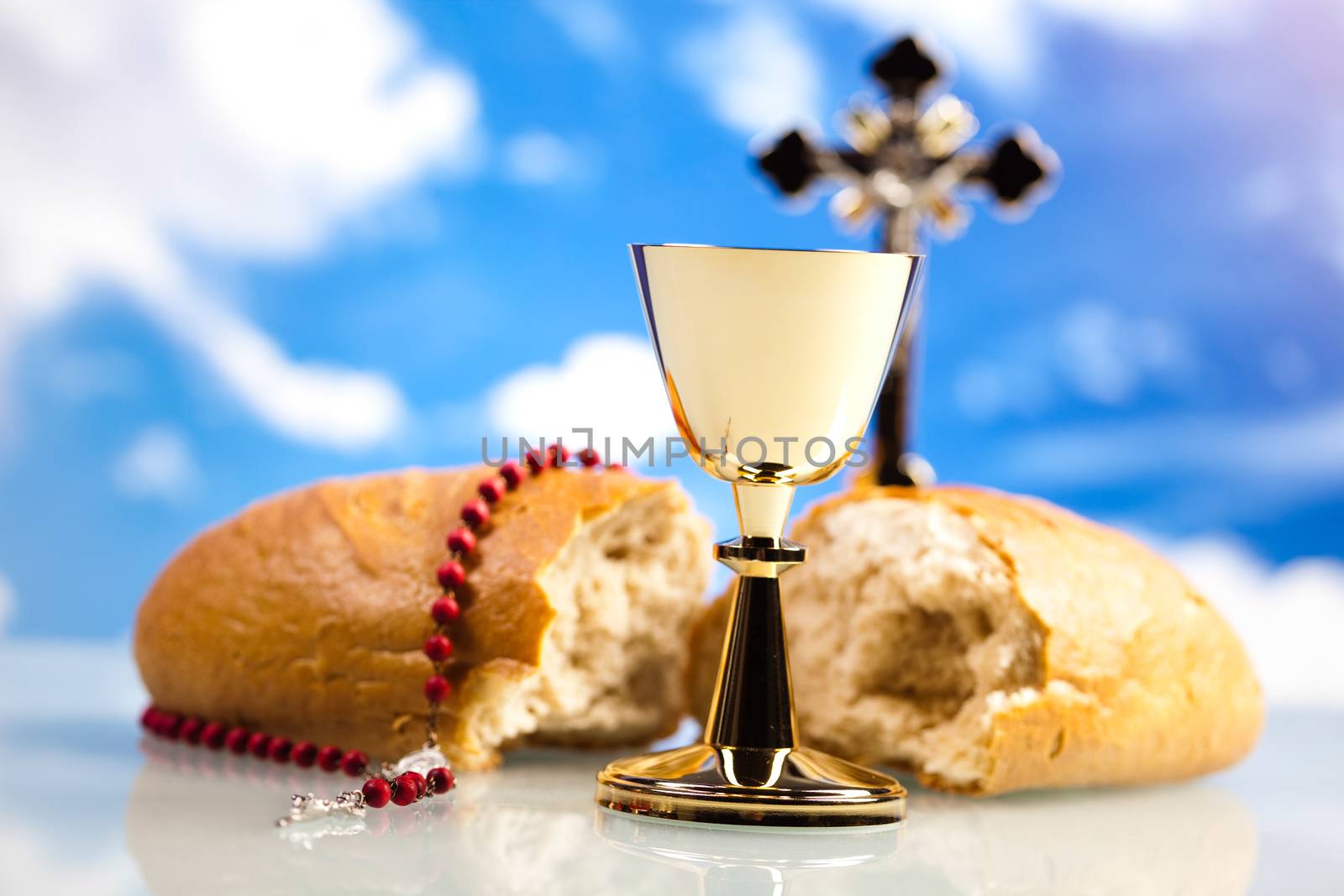 Christian holy communion, bright background, saturated concept