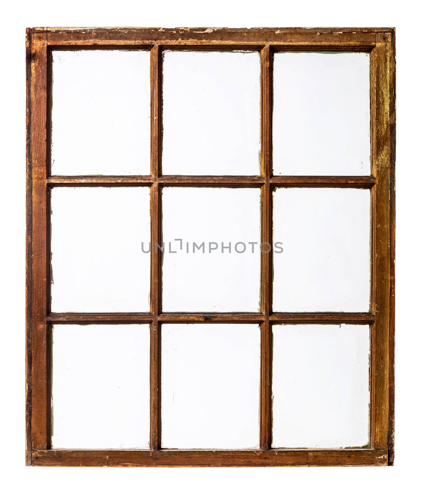 panel of vintage, grunge, sash window with dirty glass (9 panes), isolated on white with a clipping path