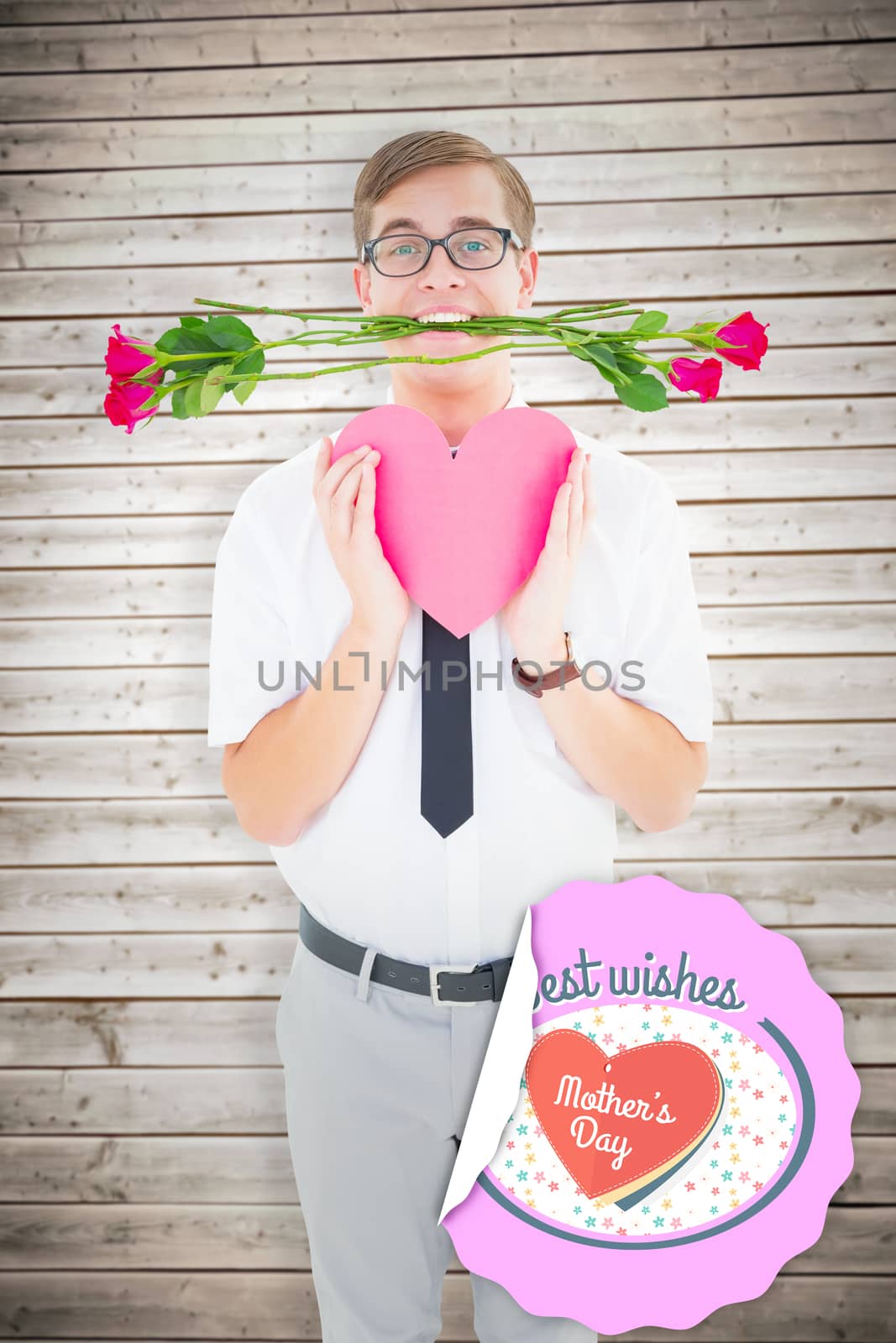 Geeky hipster holding red roses and heart card against wooden planks background