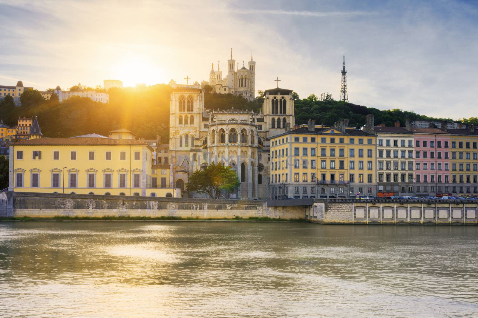 Saone river at sunset, Lyon, France.