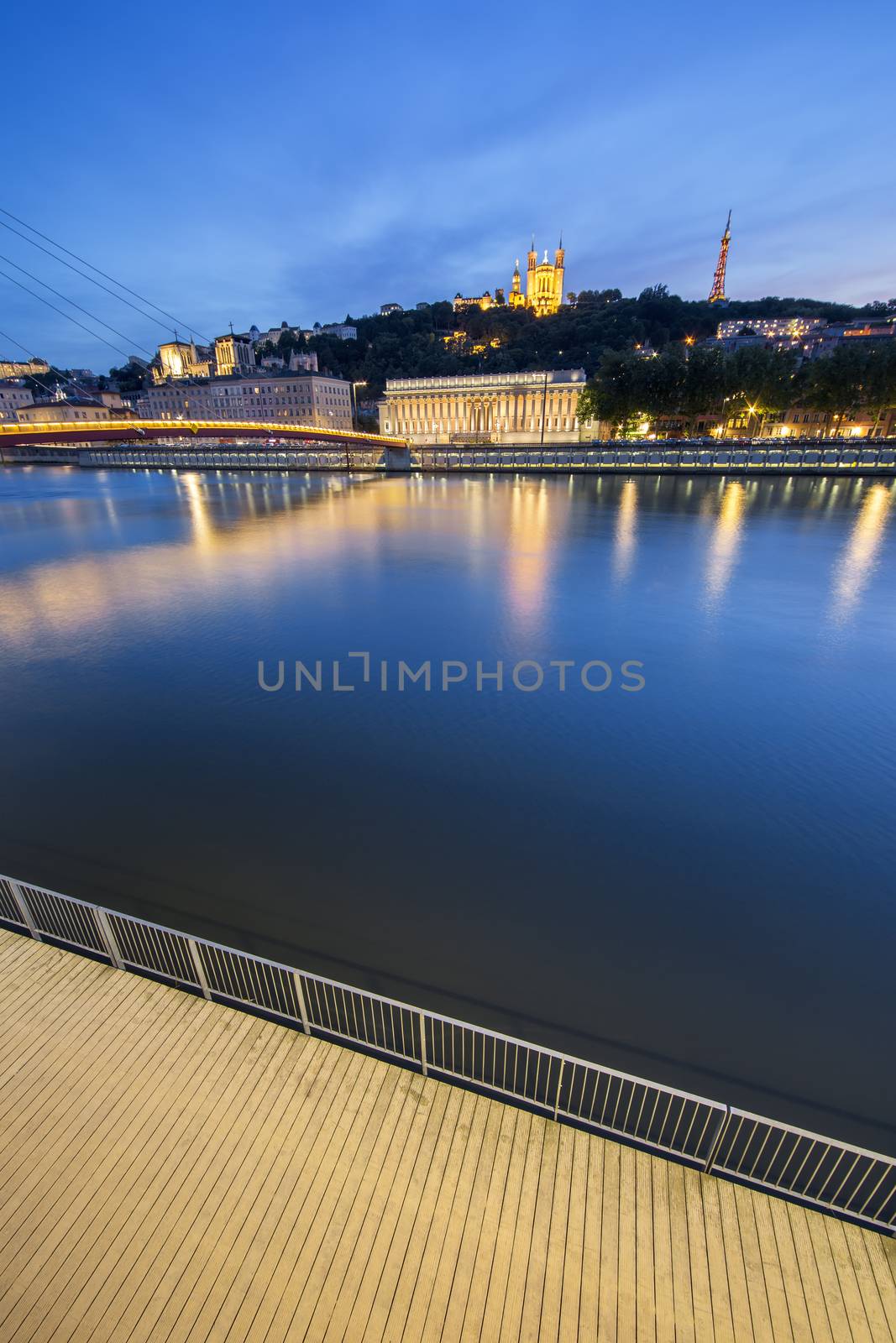 Vertical view of Saone river at Lyon by night by vwalakte