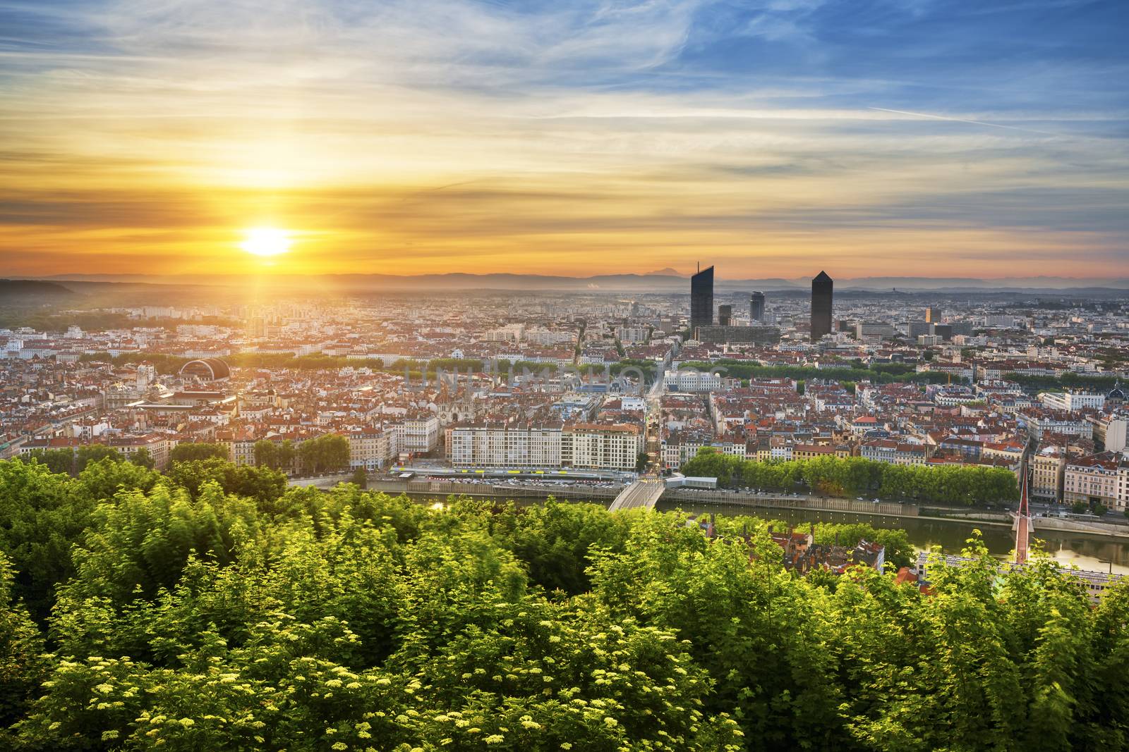 View of Lyon at sunrise, France.