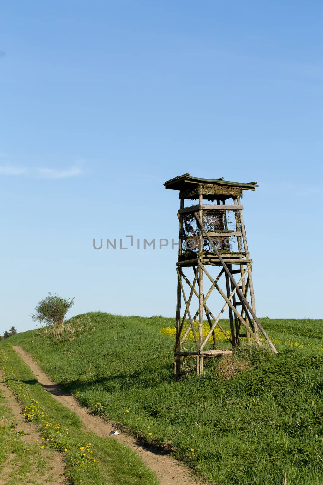 Wooden Hunters High Seat hunting tower in rural Landscape, Czech Republic Scenery 