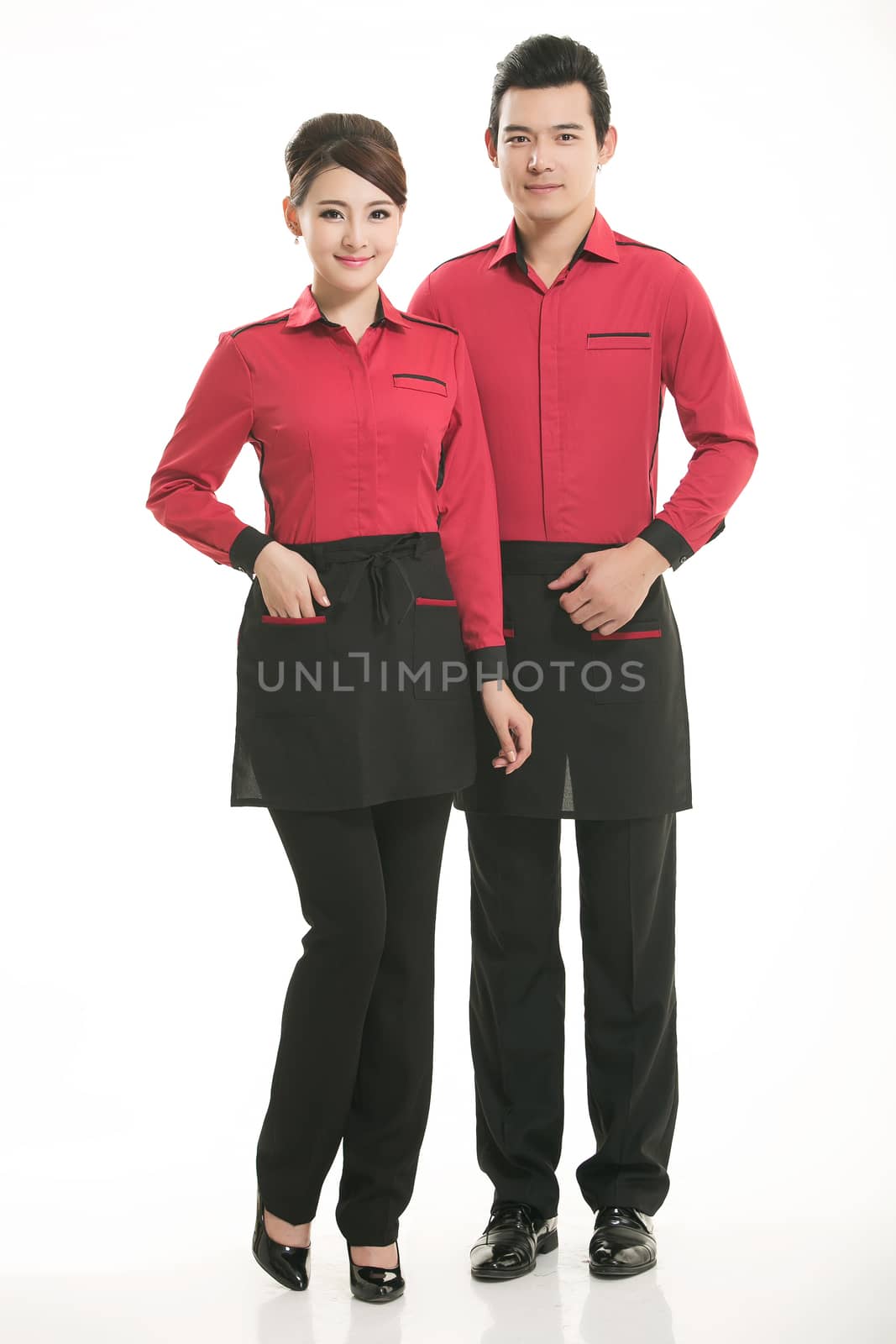 Wear clothing occupation Chinese waiters in white background