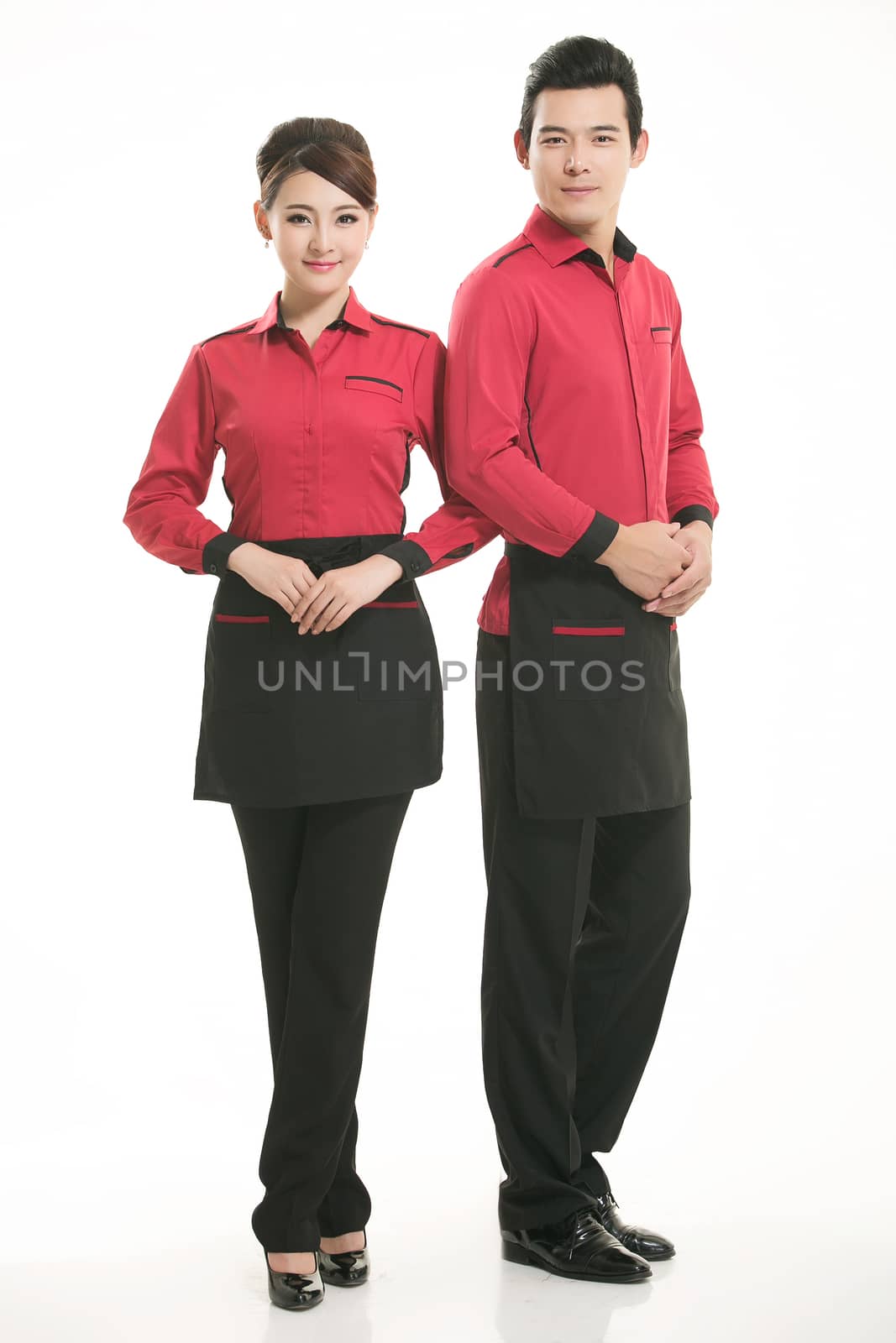 Wear clothing occupation Chinese waiters in white background