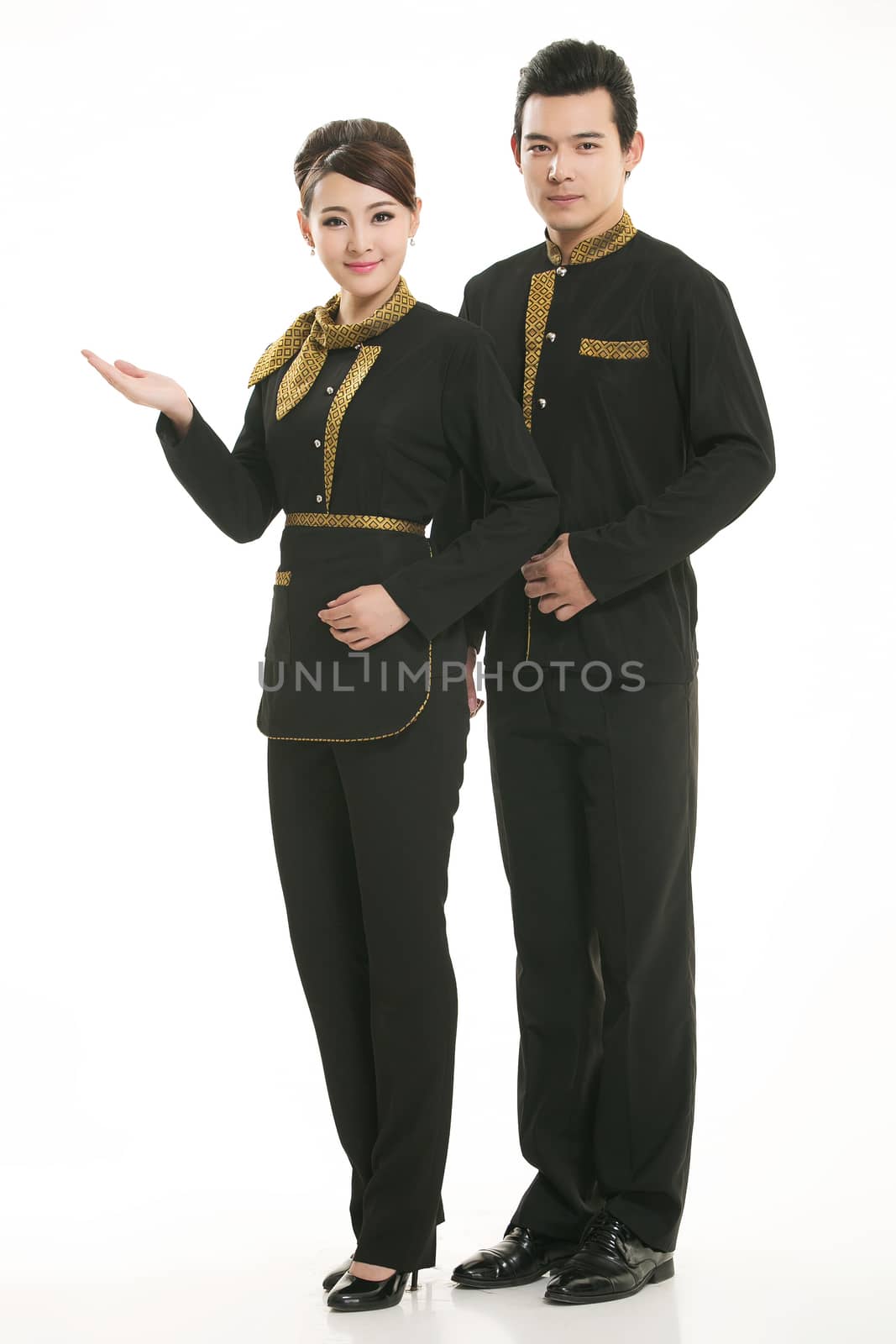 Wear clothing occupation Chinese waiters in white background