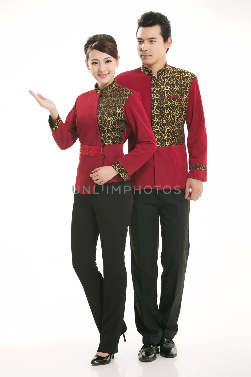 Wear clothing occupation Chinese waiters in white background