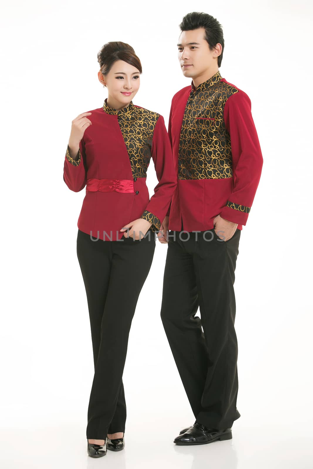 Wear clothing occupation Chinese waiters in white background