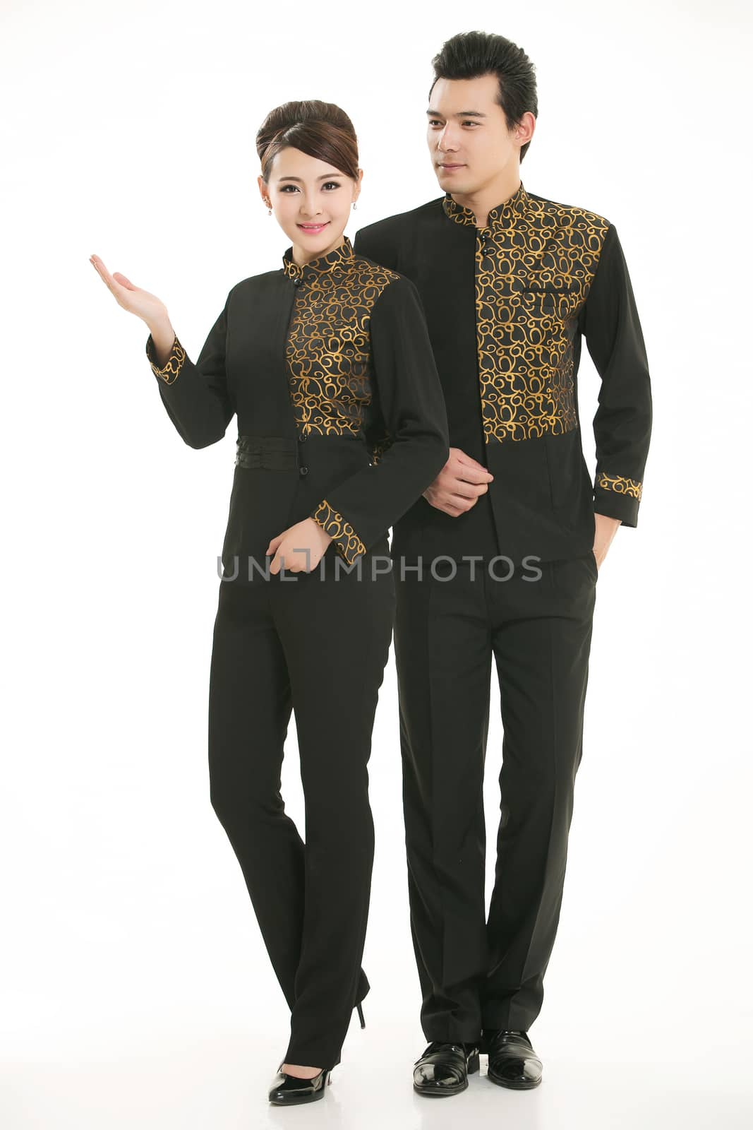 Wear clothing occupation Chinese waiters in white background