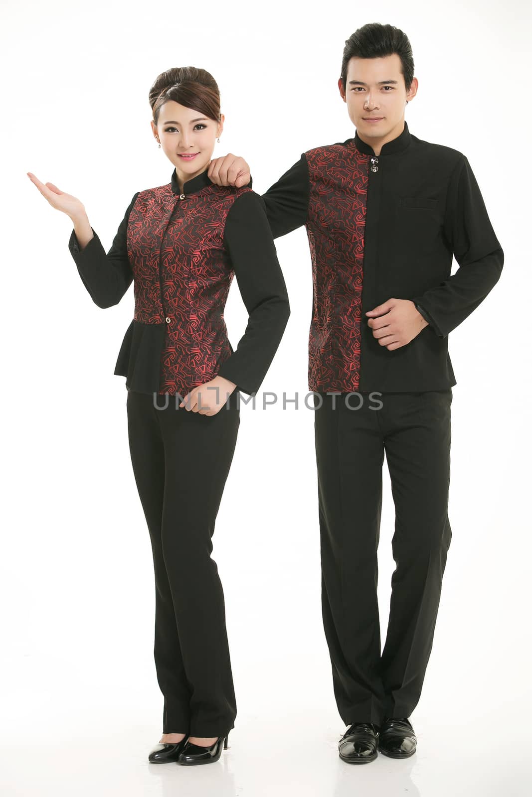 Wear clothing occupation Chinese waiters in white background