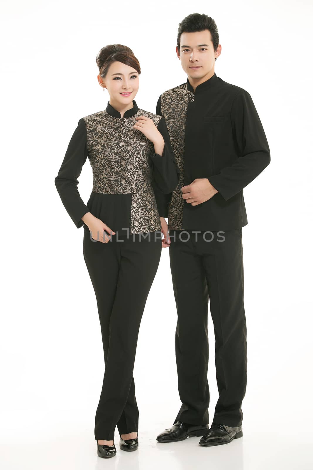 Wear clothing occupation Chinese waiters in white background