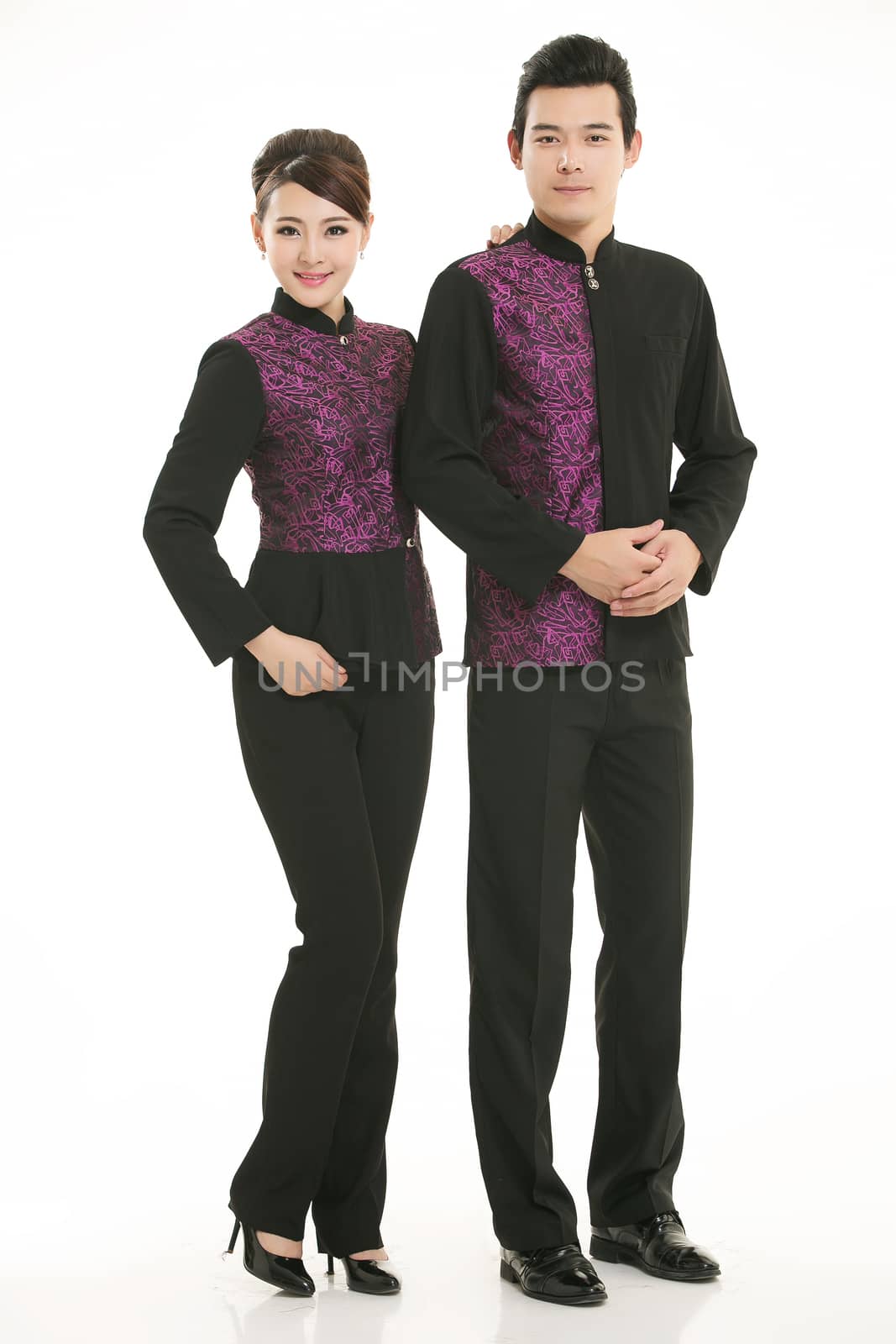 Wear clothing occupation Chinese waiters in white background