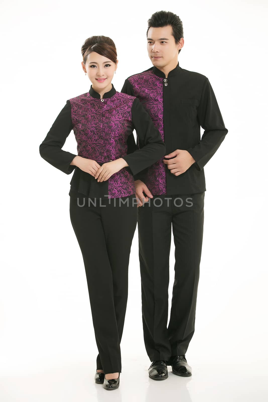 Wear clothing occupation Chinese waiters in white background