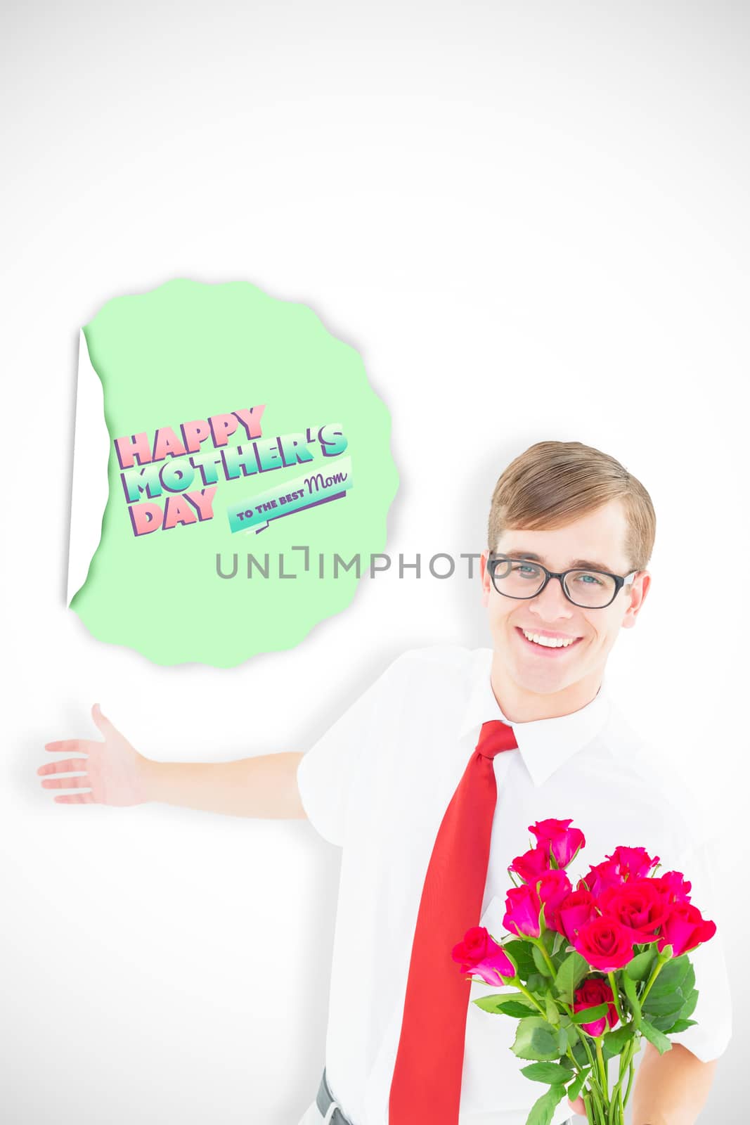 Composite image of geeky hipster offering bunch of roses by Wavebreakmedia