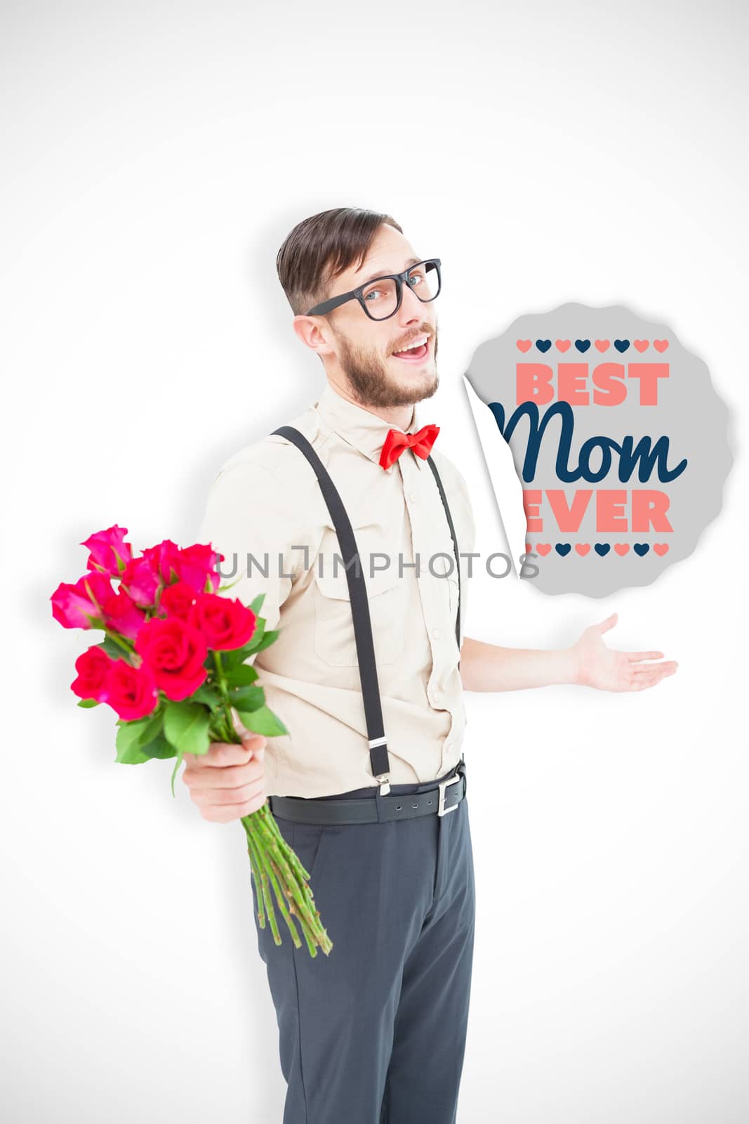 Geeky hipster offering bunch of roses against best mom ever