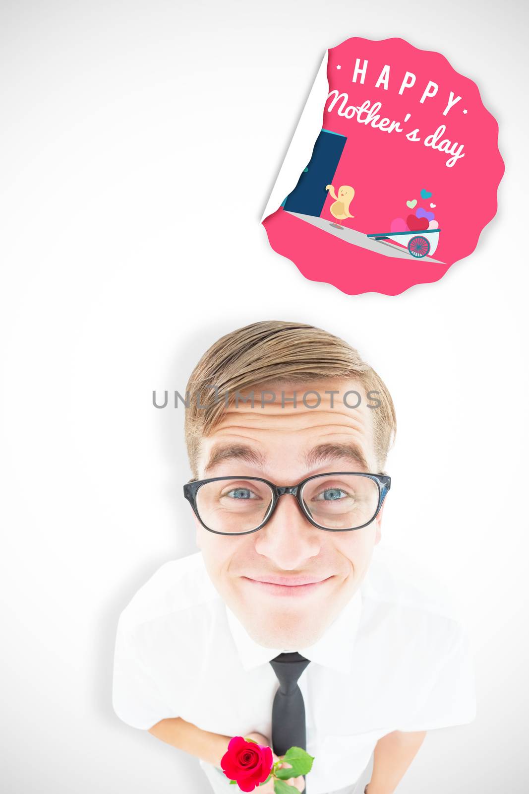 Geeky hipster holding a red rose against chick with wheelbarrow of hearts