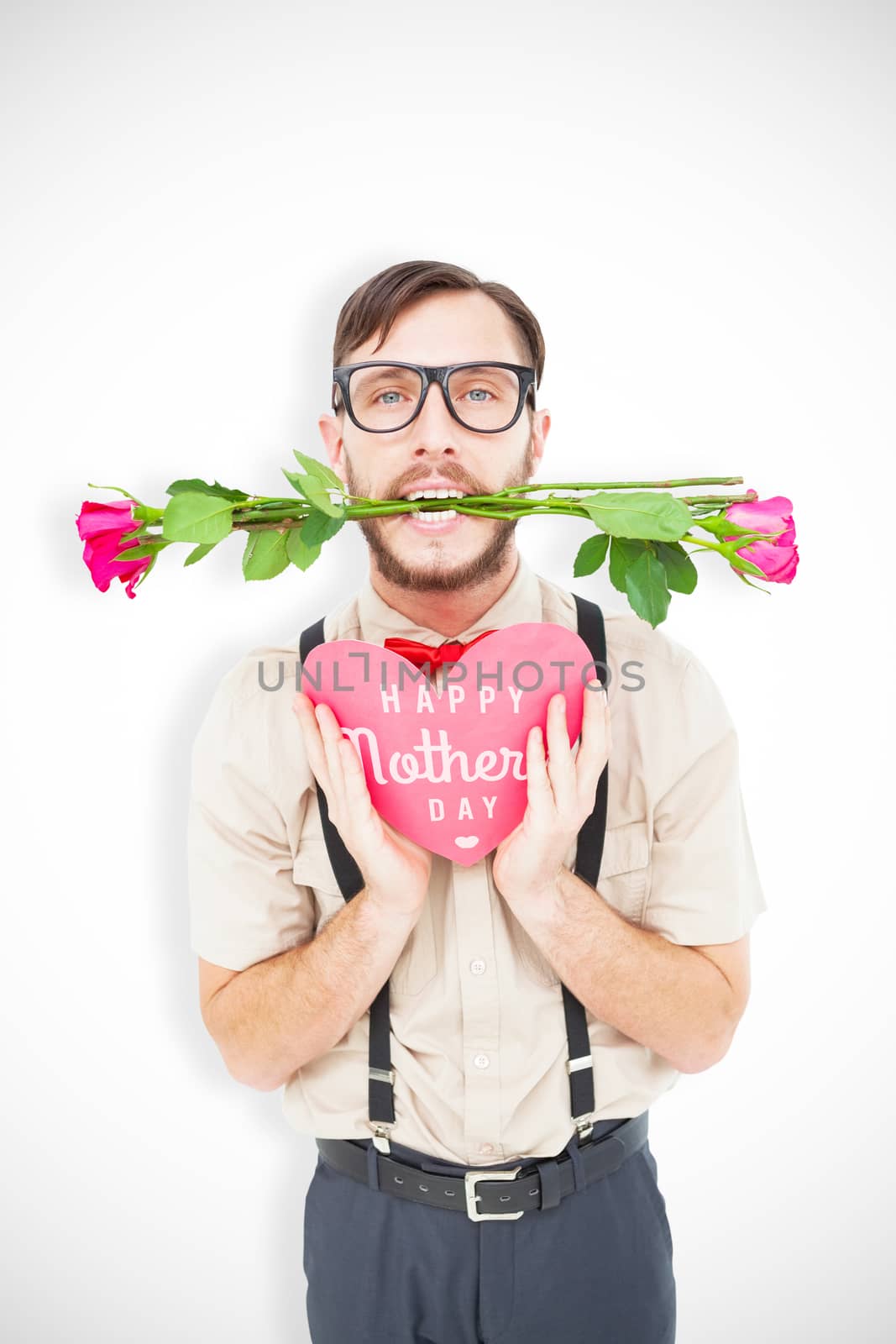 Geeky hipster offering valentines gifts against mothers day greeting