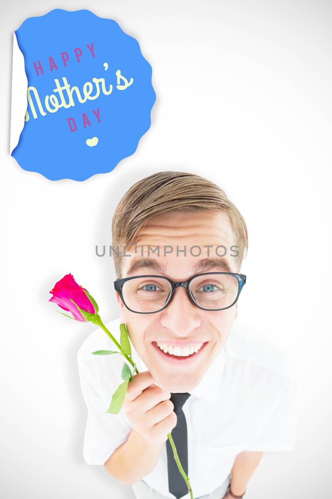 Geeky hipster holding a red rose against mothers day greeting