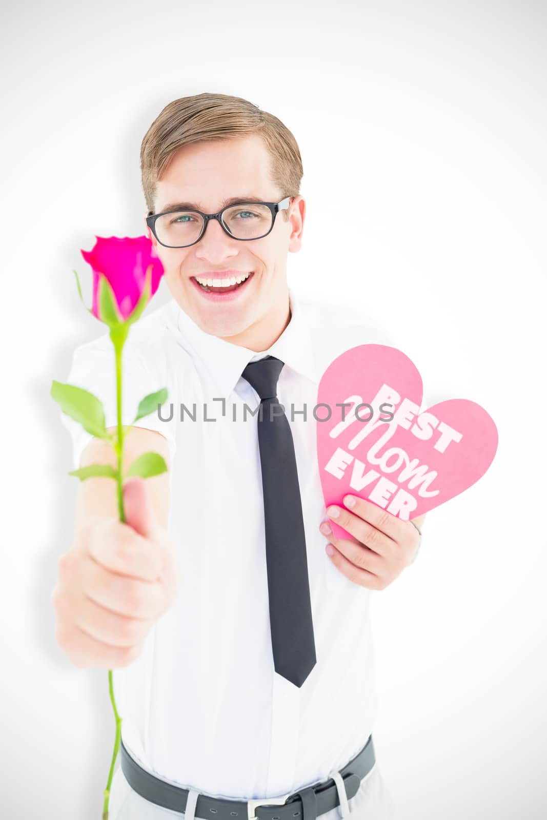 Geeky hipster holding a red rose and heart card against best mom ever