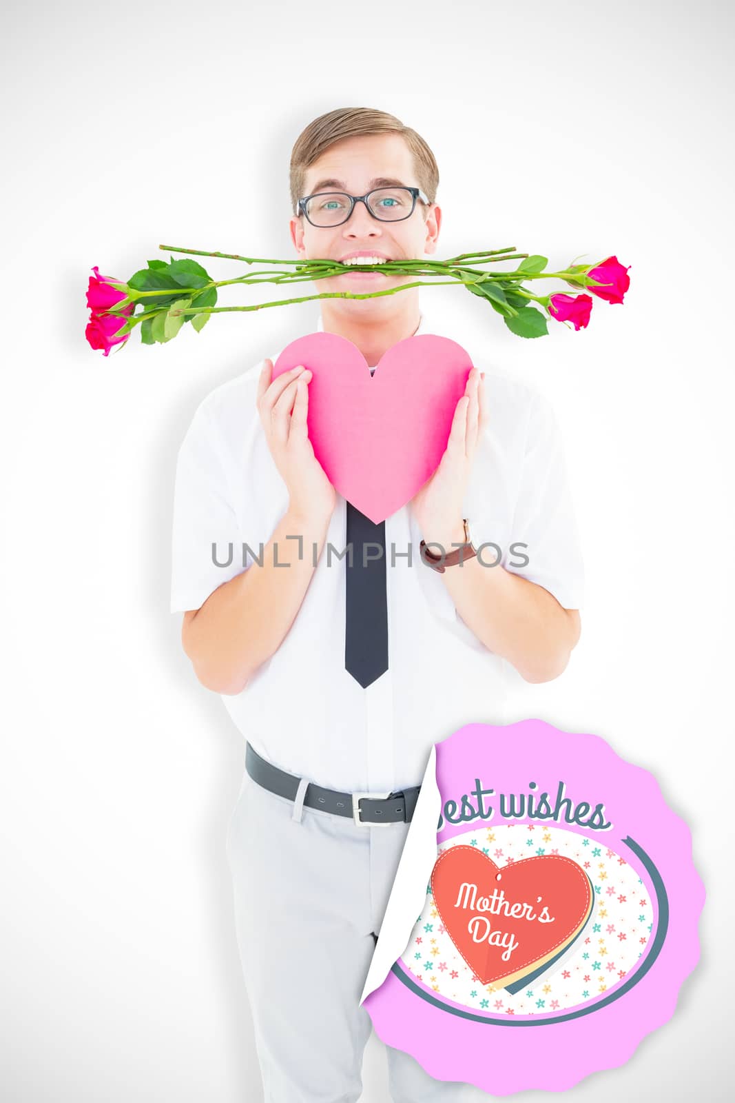 Composite image of geeky hipster holding red roses and heart card by Wavebreakmedia