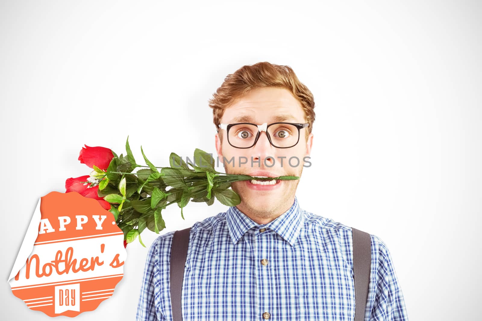 Composite image of geeky hipster biting a bunch of roses by Wavebreakmedia