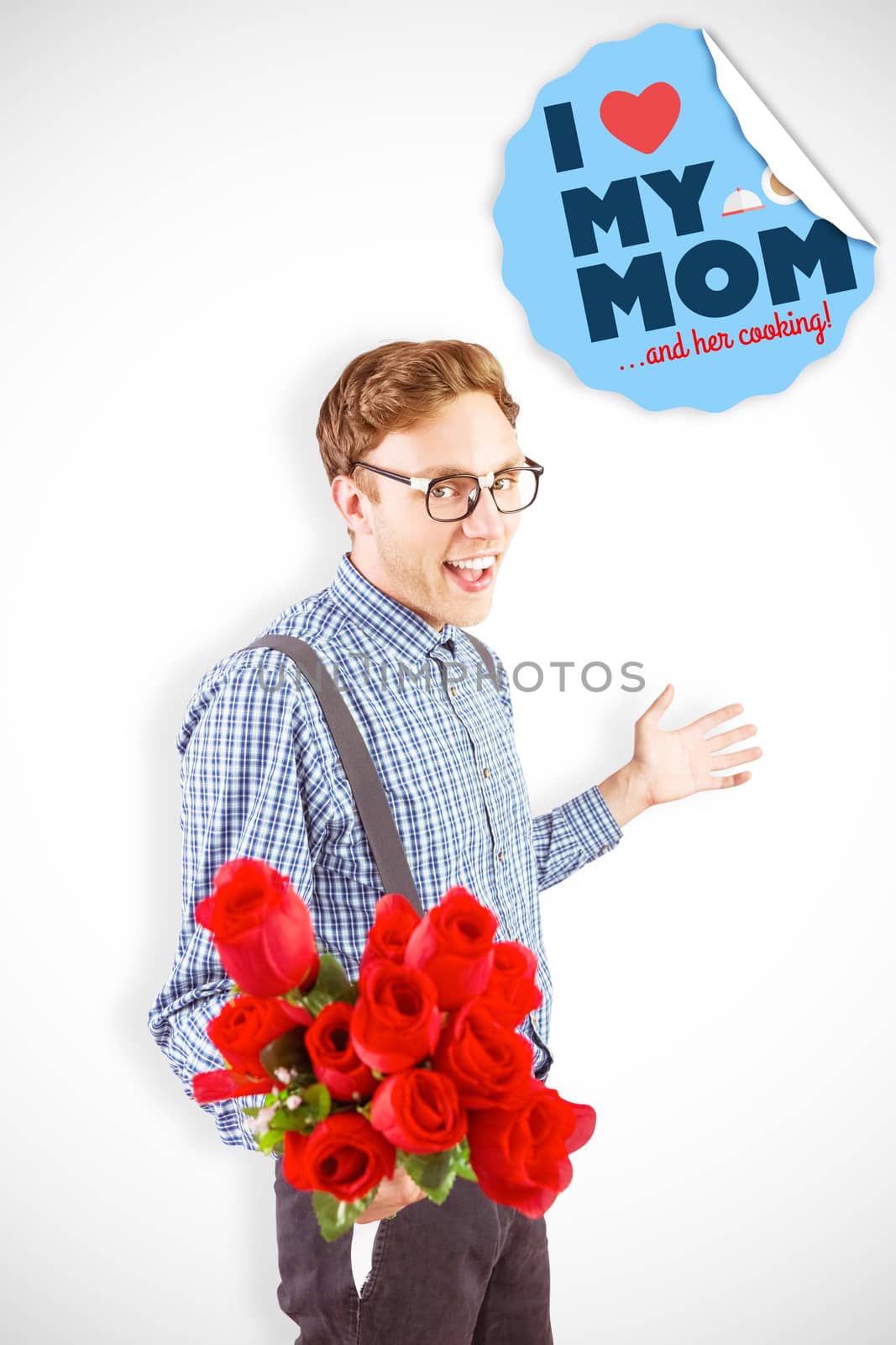 Geeky hipster holding a bunch of roses against mothers day greeting