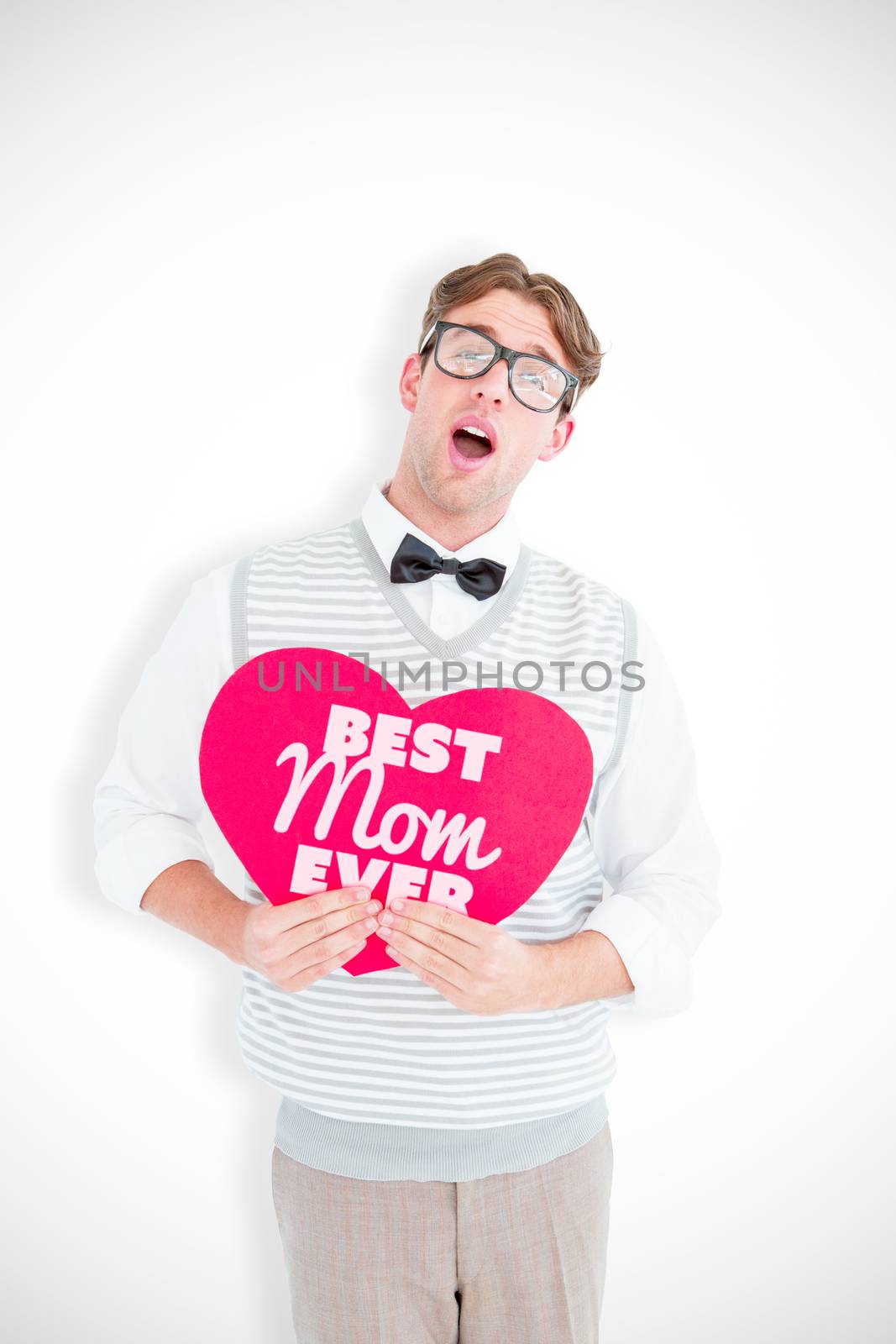Geeky hipster holding heart card against best mom ever