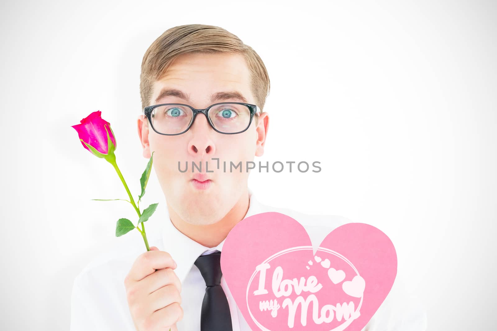 Geeky hipster holding a red rose and heart card against mothers day greeting