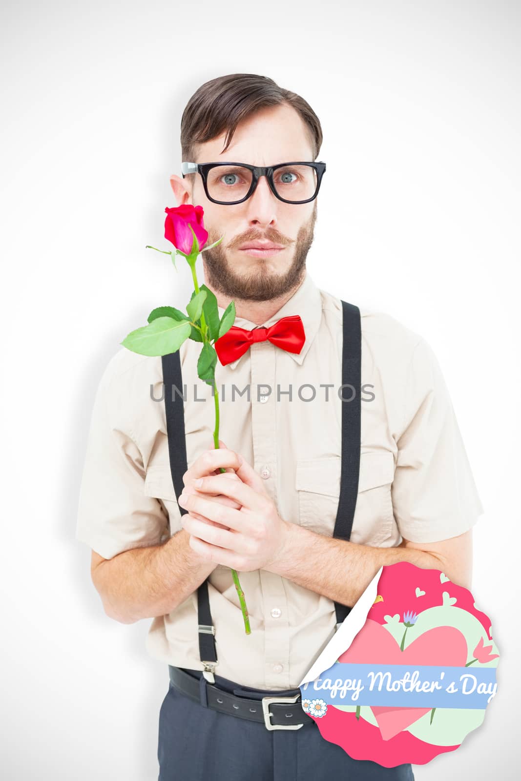 Geeky hipster offering a rose against mothers day greeting
